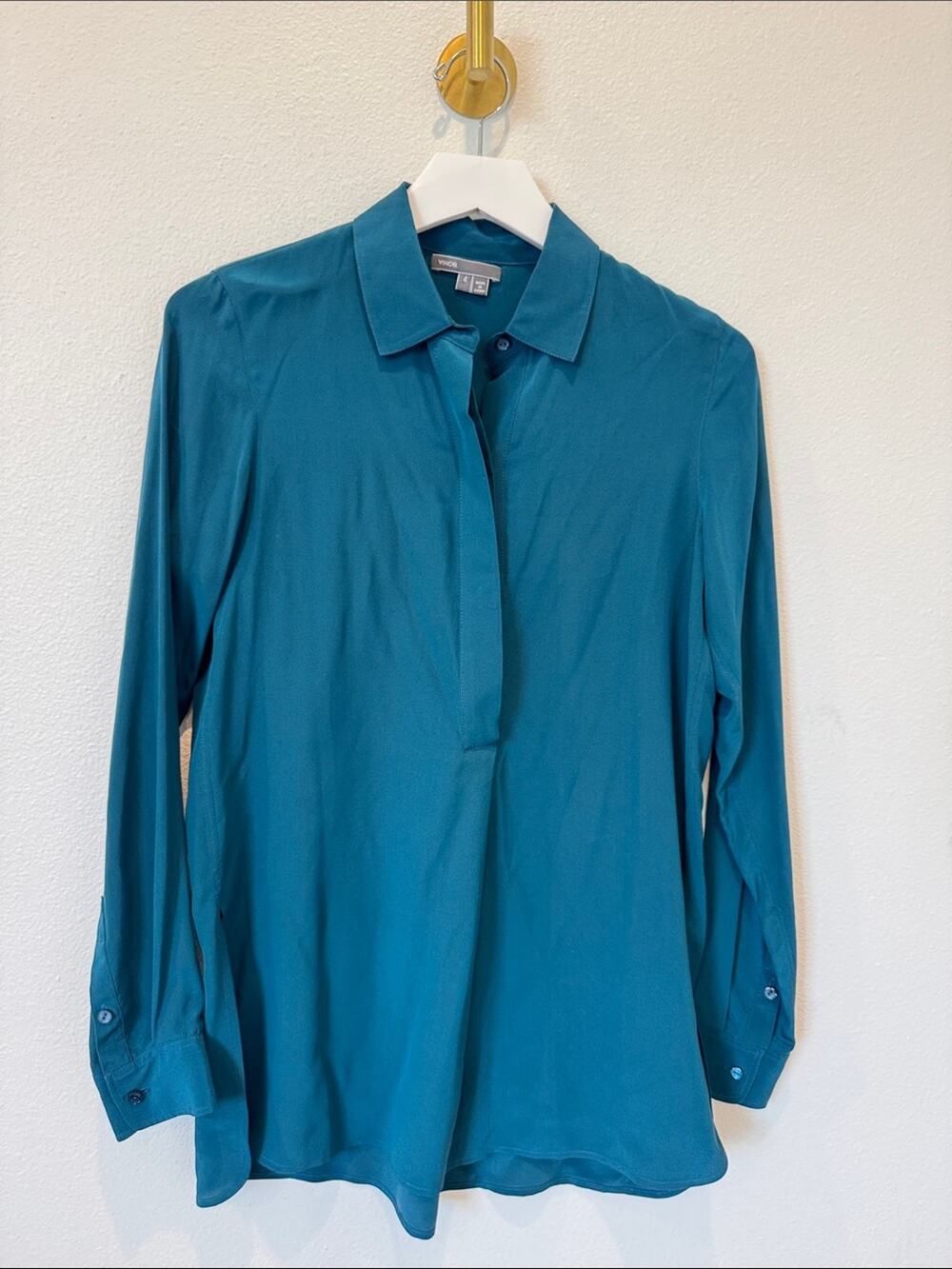 Vince Teal Green Silk Popover Blouse Long Sleeve Collared Shirt- Workwear/Preppy